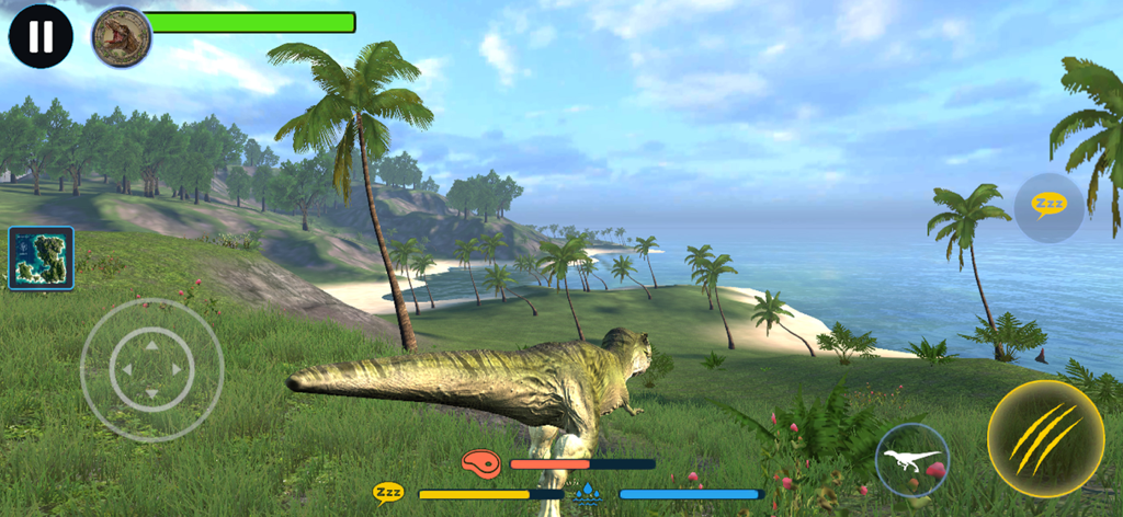 Jurassic Clash Primal Dino Sim - T-Rex dinosaur exploring a tropical island in Jurassic Clash Primal Dino Sim mobile game