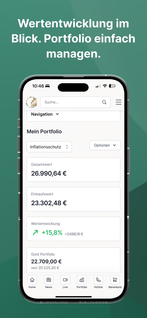 Kettner Edelmetalle App - Kettner Edelmetalle App-Oberfläche, die ein Edelmetall-Investmentportfolio mit Wertentwicklung und Wachstumsraten zeigt.