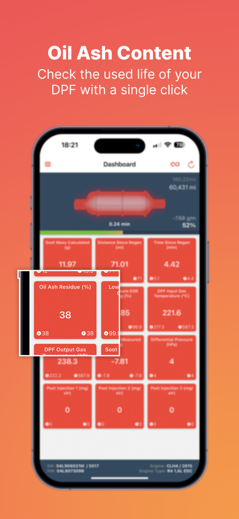 Dashboard dell'app DPF Monitor per VAG che mostra la percentuale di residui di cenere nell'olio
