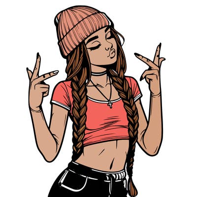 realistic teenage girl with braids and a beanie and crop top doing 🫶🏼