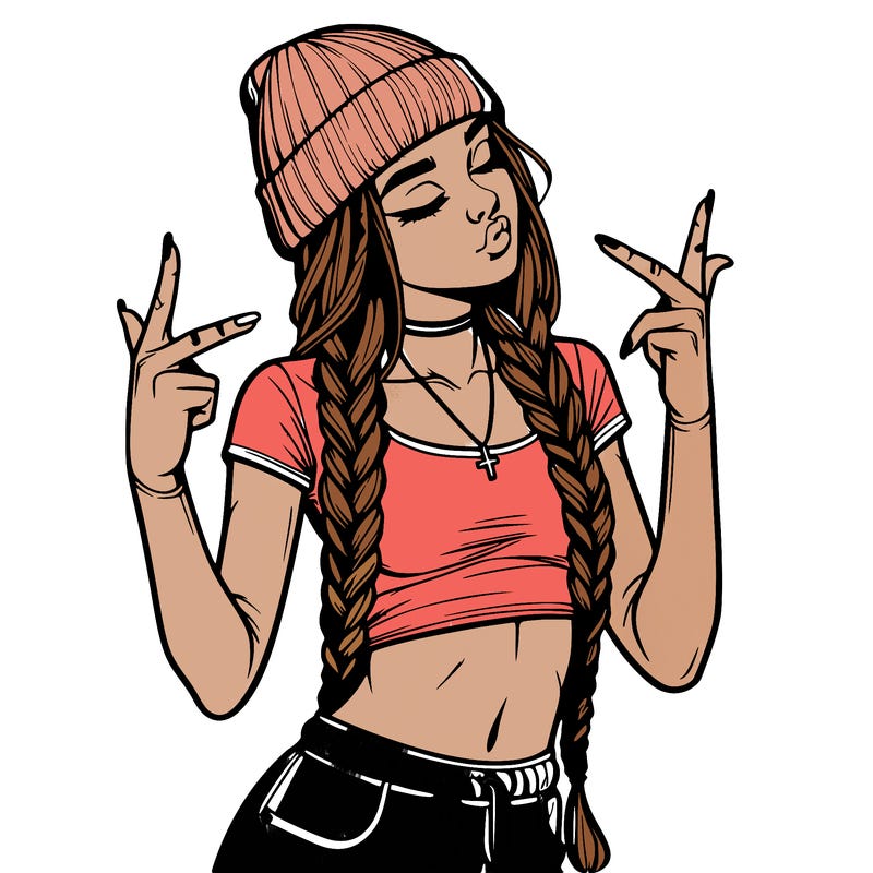 realistic teenage girl with braids and a beanie and crop top doing 🫶🏼