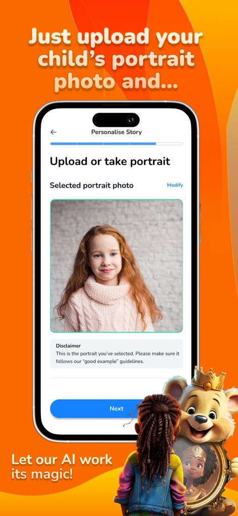 MyStorybook: Stories for kids - A screenshot of the MyStorybook app interface showing the upload portrait screen for personalized AI children stories