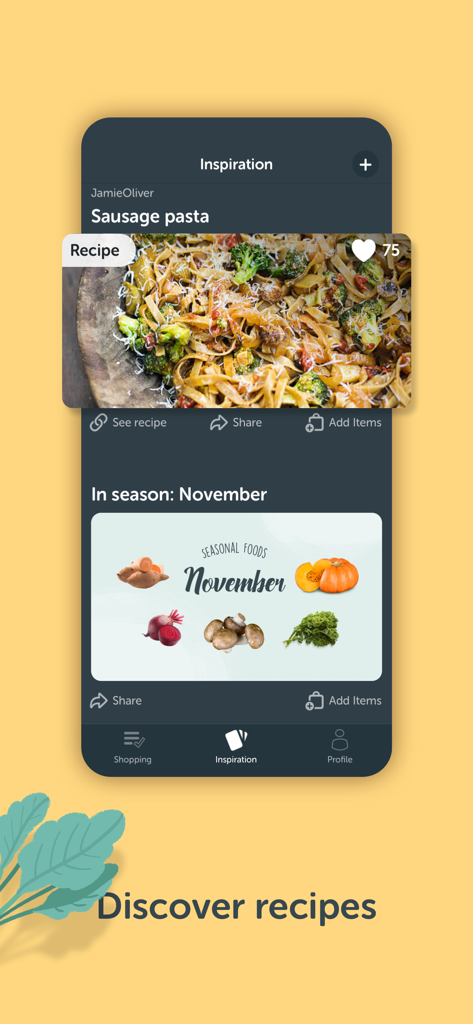 Pestaña de inspiración de la app Bring! que muestra una receta de pasta con salchicha y recomendaciones de comida de temporada para noviembre