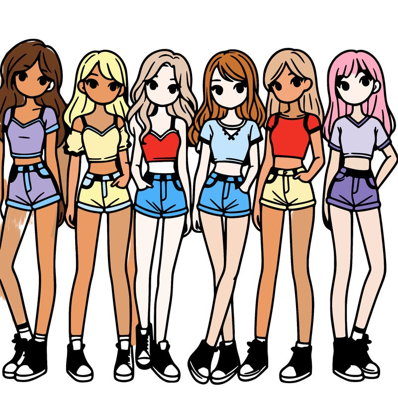 a group of girls wearing crop tops and shorts