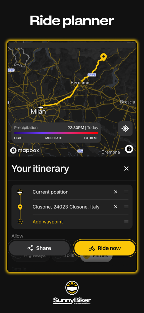 SunnyBiker - GPS + weather - SunnyBiker mobile app screenshot showing the ride planner interface with a route map and weather precipitation forecast overlay