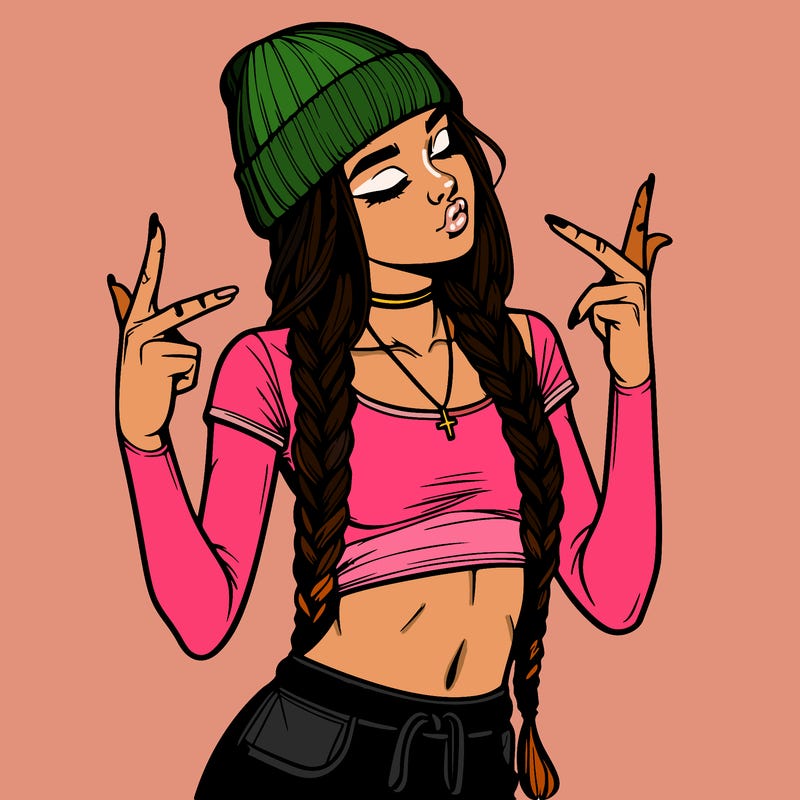 realistic teenage girl with braids and a beanie and crop top doing 🫶🏼