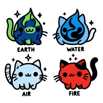 4 cats that represent the different elements, earth, water, air, and fire