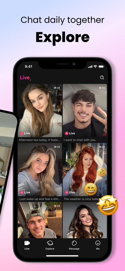 Pluto: Live Chat & Talk - Plutoアプリのインターフェースで、様々なクリエイターからのライブビデオストリームのグリッドと、探索やチャットのオプションを表示しています。