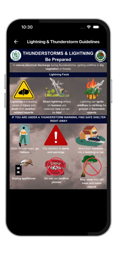 PAK NDMA-Disaster Alert - Lightning and thunderstorm safety guidelines from the PAK NDMA Disaster Alert app