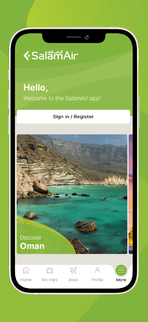 SalamAir - Pantalla de inicio de la aplicación móvil SalamAir con una función Descubra Omán.