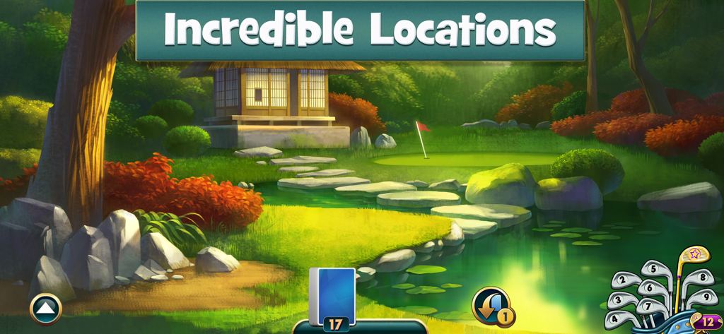 Fairway Solitaire - Card Game - フェアウェイソリティアの手描きの日本の禅庭園ゴルフコースの景色。茶屋と池があります。