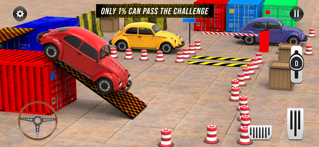 Car Parking Offline - A red classic car navigating a parking obstacle course with colorful shipping containers and traffic cones.