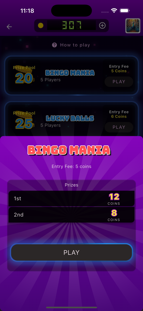 Atomia Games: Multiplayer Fun - Bingo Mania game entry screen in Atomia Games showing coin prizes and entry fee