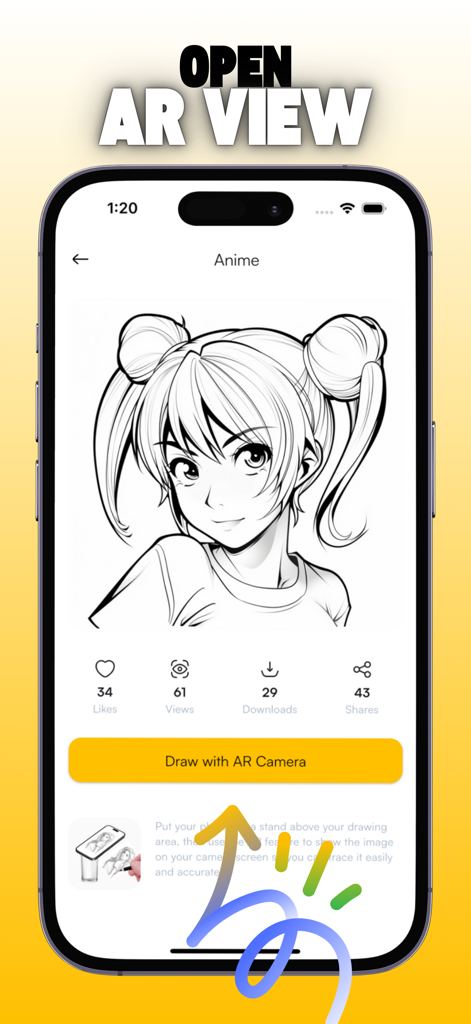 AR Drawing: Sketch & Trace Art - Interface de l'application de dessin d'anime montrant un croquis de fille d'anime avec une option pour dessiner à l'aide de la caméra RA
