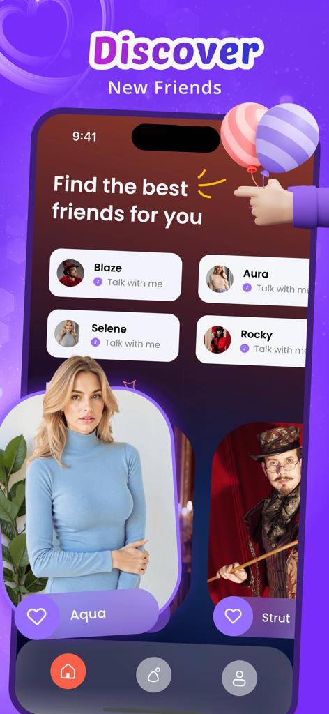 Meyaa - Meyaa App-Entdeckungsbildschirm mit verschiedenen KI-Charakterprofilen wie Aqua und Strut zur Interaktion