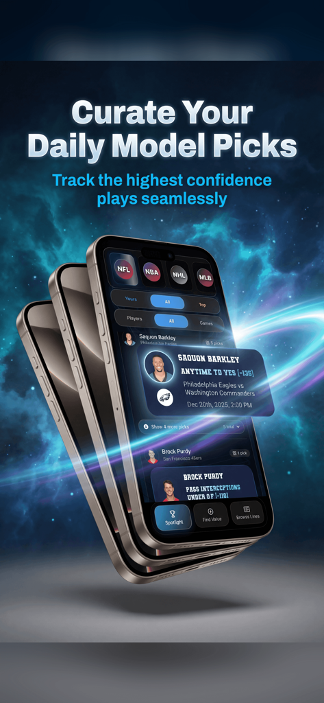 DeepChamp AI: Sports Betting - Interfaz de la aplicación de apuestas deportivas DeepChamp AI mostrando selecciones de modelos diarios curadas y análisis de props de jugador.