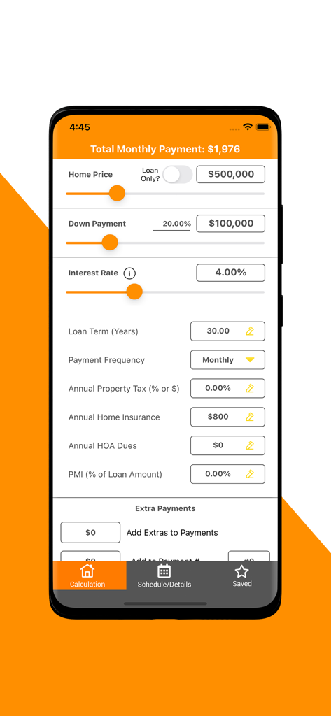 Mortgage Loan Calculator Plus app interface displaying a monthly payment calculation with sliders for home price and interest rate
