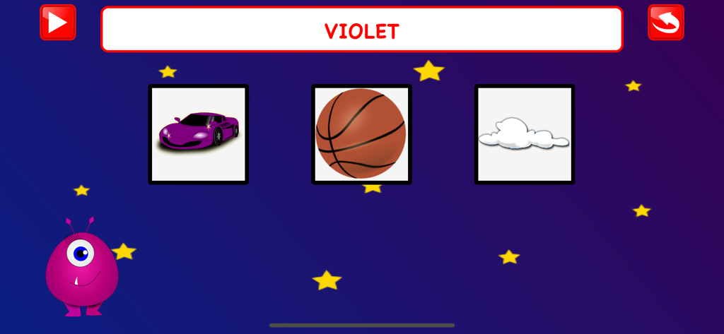 Educational game screen where children learn to identify the color violet by selecting a purple car.