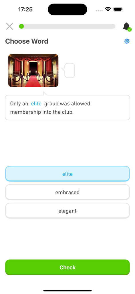 4000 Essential English Words ⑶ - Ejercicio de vocabulario en inglés con una tarea de completar oraciones para la palabra 'elite'.