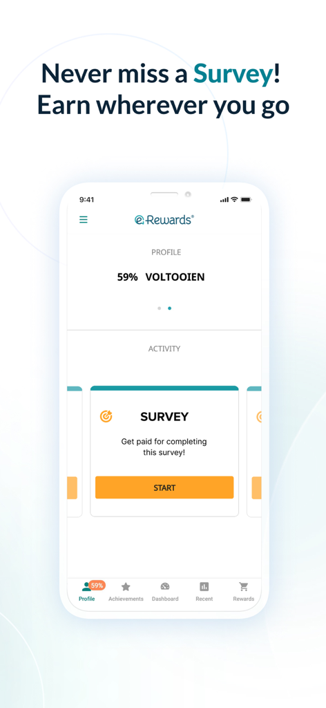 Écran de smartphone de l'application e-Rewards affichant les sondages disponibles et la progression du profil