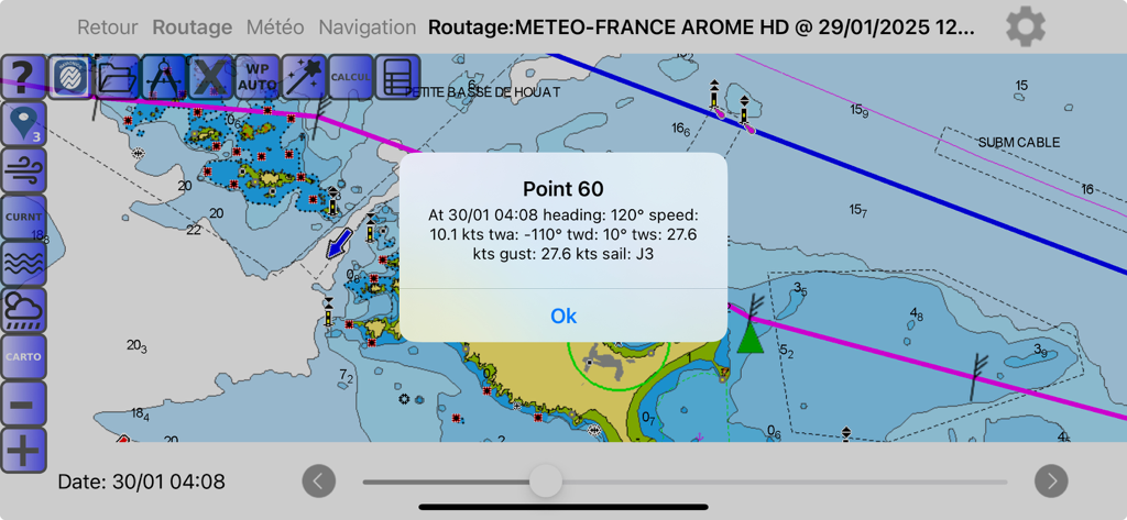 Avalon Offshore App-Oberfläche mit einer Seekarte mit Wetter-Routing-Daten und Navigationspunkten
