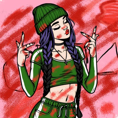 realistic teenage girl with braids and a beanie and crop top doing 🫶🏼