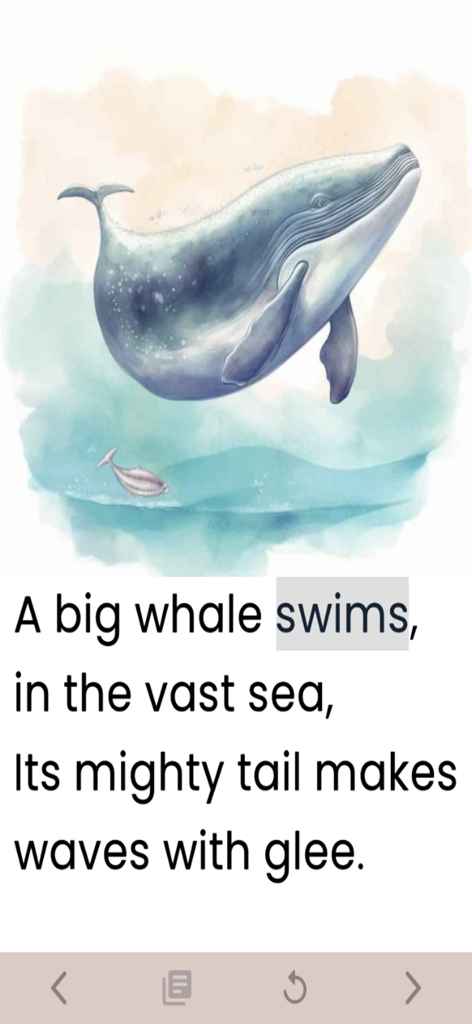 Children's Books Read Aloud - Children's digital picture book showing a blue whale illustration with highlighted text for synchronized reading.