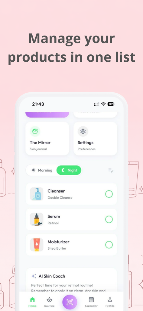 GlowUp App-Oberfläche, die eine Checkliste für die abendliche Hautpflege-Routine mit Reiniger, Retinol-Serum und Feuchtigkeitscreme zeigt.