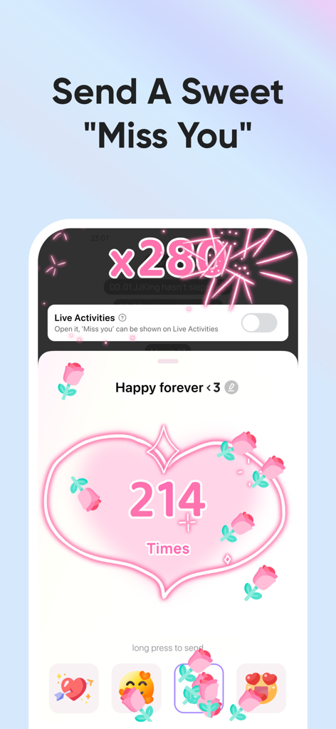 Une interface d'application mobile romantique avec un cœur rose lumineux montrant des effets 'tu me manques' envoyés entre un couple