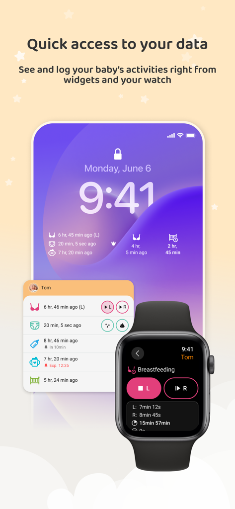 Baby Daybook - Newborn Tracker - Widgets de suivi de nouveau-né sur l'écran de verrouillage de l'iPhone et l'interface Apple Watch.