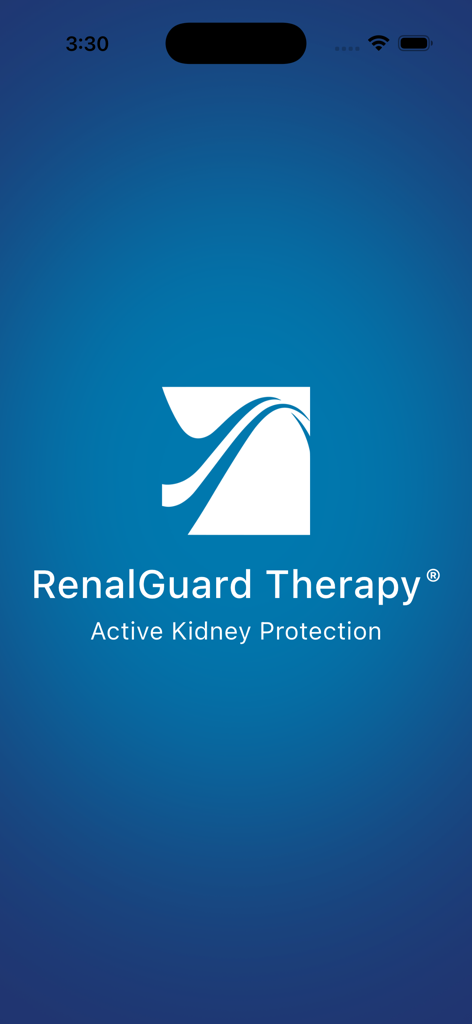 RenalGuard® AKI Calculator - RenalGuard Therapy app splash screen with logo and Active Kidney Protection slogan