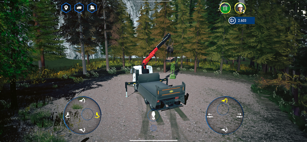 A truck with a crane operating in a forest landscape in Construction Simulator 4 Lite