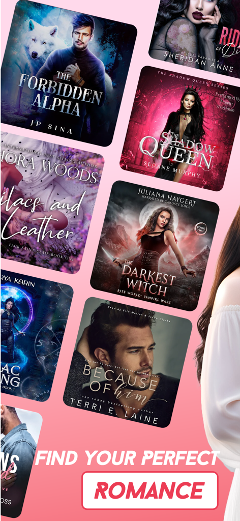 Eine Sammlung von Roman- und Fantasy-Buchcovern mit dem Text Finden Sie Ihre perfekte Romanze