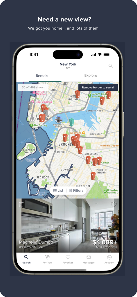 HotPads mobile app showing a map view of New York City with several available apartment rental listings.
