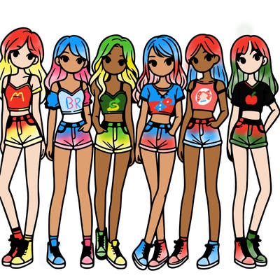 a group of girls wearing crop tops and shorts