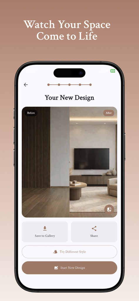 Confronto a schermo diviso prima e dopo di un soggiorno generato dall'IA