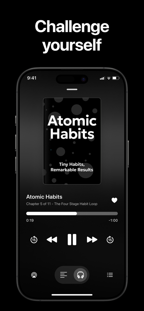 Wiser: Bite-Sized Learning - Interfaz del reproductor de audio de la aplicación Wiser con el resumen del libro "Hábitos Atómicos".