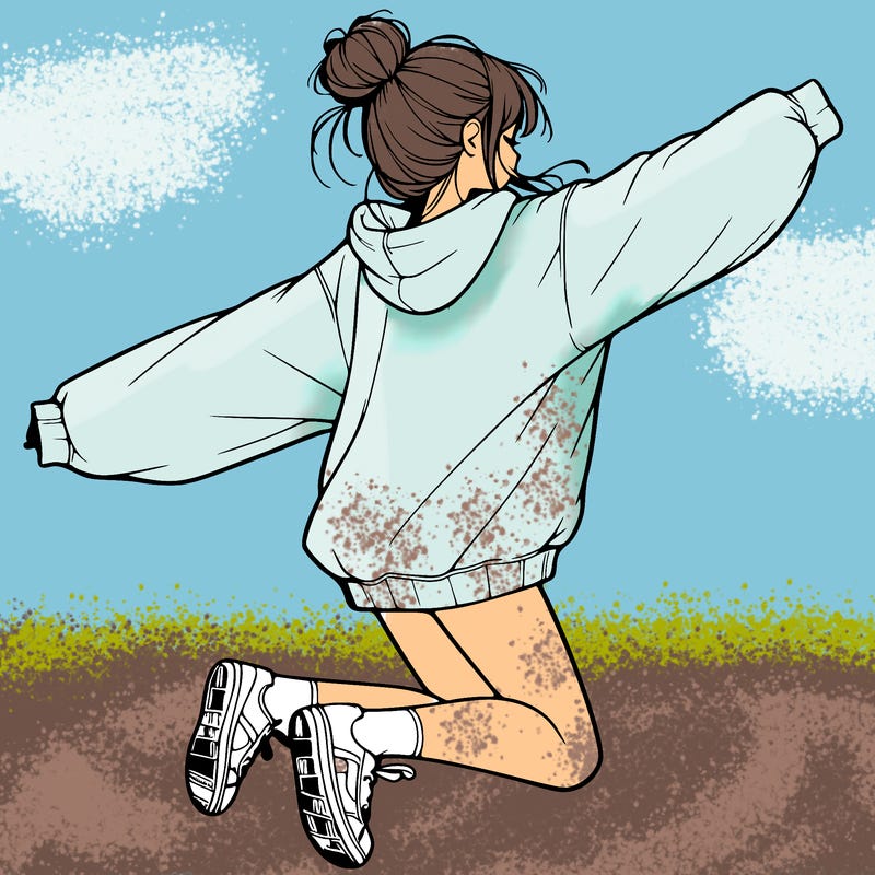 realistic girl jumping with a bun and oversized sweatshirt