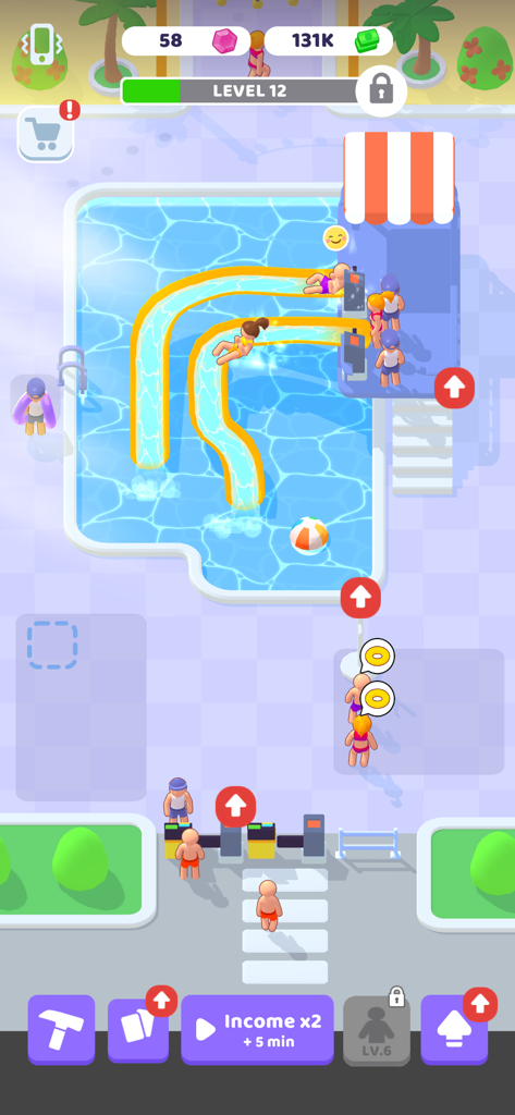 My Aquapark: Idle Water Empire - Top-down gameplay view of a vibrant water park with people on yellow slides and swimming in a pool