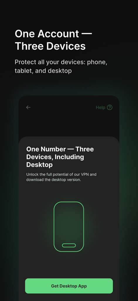 SHIVA: Safe, Fast, Private - Interfaz de Shiva VPN que muestra soporte para tres dispositivos con una cuenta
