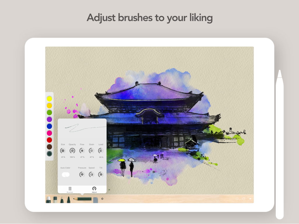 Art Set 4 - Art Set 4 app on iPad showing brush adjustment settings for a digital watercolor painting of a temple.