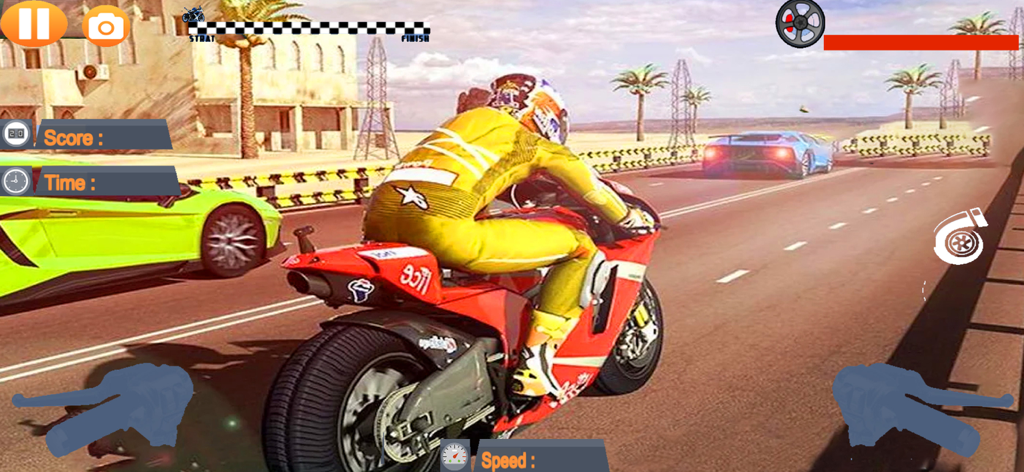Moto Highway Traffic Racer - Motorcycle rider in yellow suit racing through highway traffic in a desert environment