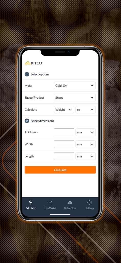 Metalynx - Interface of the Metalynx app showing a tool to calculate the weight of a 10k gold sheet based on thickness width and length dimensions