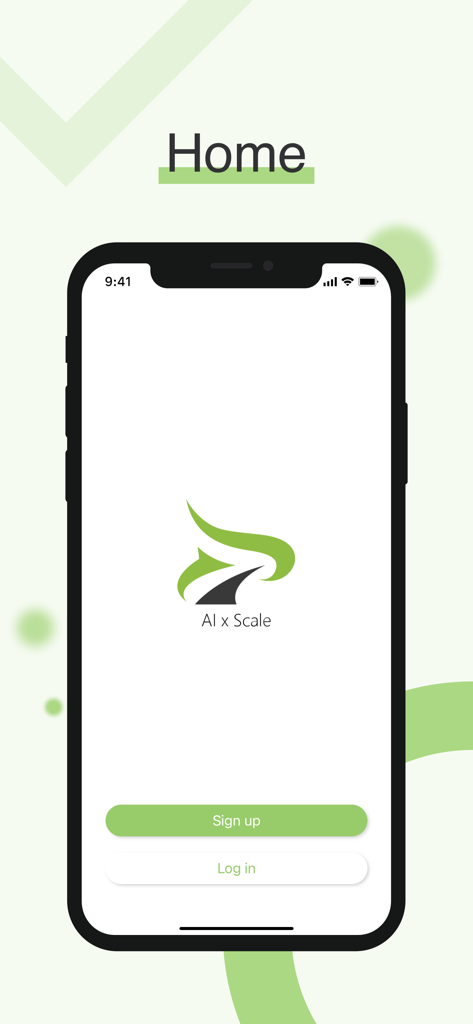 AI Scale - AI Scale mobile app home screen featuring the company logo and buttons to sign up or log in