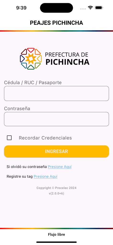 Peajes Pichincha V2 - Pantalla de inicio de sesión de la aplicación Peajes Pichincha V2 que muestra campos para identificación y contraseña