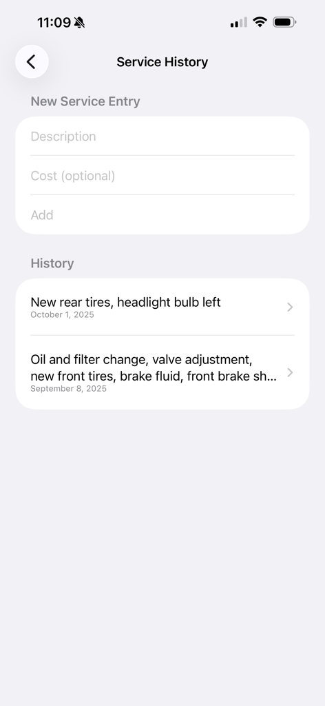TOYZZ - TOYZZ app service history screen displaying maintenance records and a form to add new service entries.