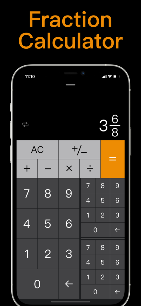 iPhone screen displaying a fraction calculator interface with a dark theme and orange accents.