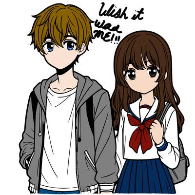 teenage boy and girl anime holding hands