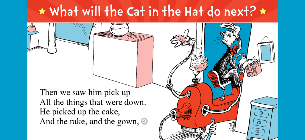 The Cat in the Hat - El Gato Ensombrerado en una máquina de limpieza roja con texto rimado para lectores principiantes.