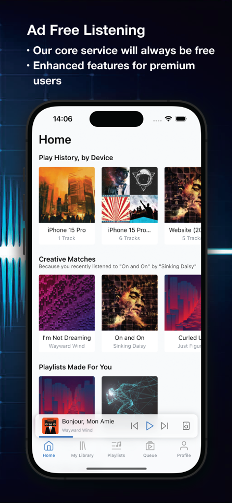 iBroadcast app home screen displaying play history across devices and ad free listening features